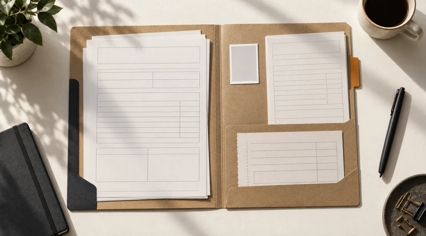 Carpeta de cartón abierta sobre una mesa clara, con formularios en blanco, un hueco para la fotografía, un resguardo y una pestaña ámbar
