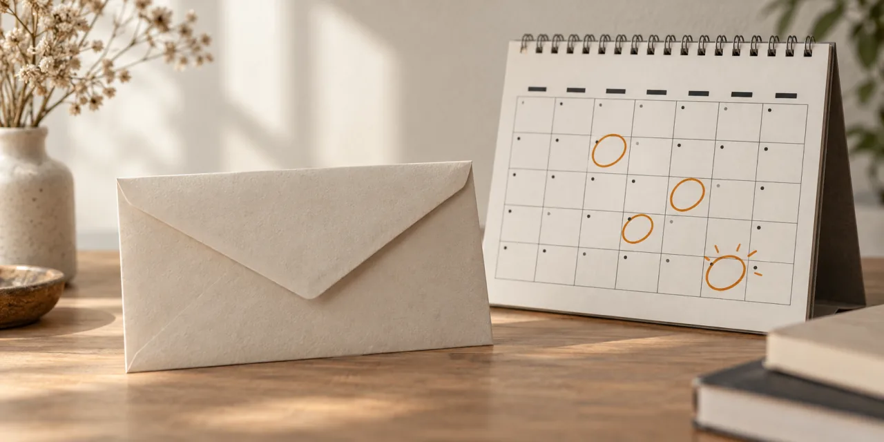 Sobre cerrado sin ningún membrete junto a un calendario de mesa con varios días rodeados en ámbar
