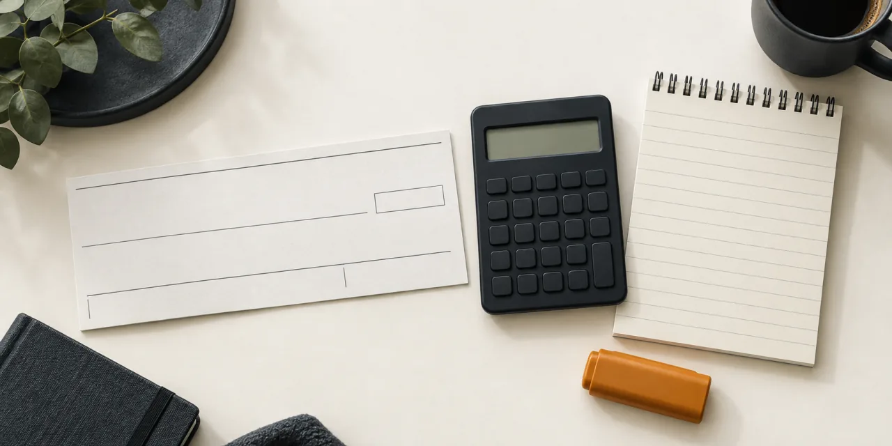 Resguardo en blanco, una calculadora con la pantalla apagada y un cuaderno de notas sobre una mesa clara