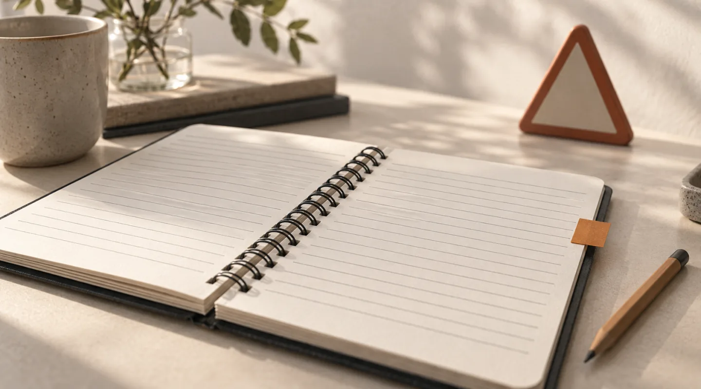 Cuaderno de anillas abierto por páginas en blanco, con un lápiz, una pestaña ámbar y un pequeño objeto triangular al fondo
