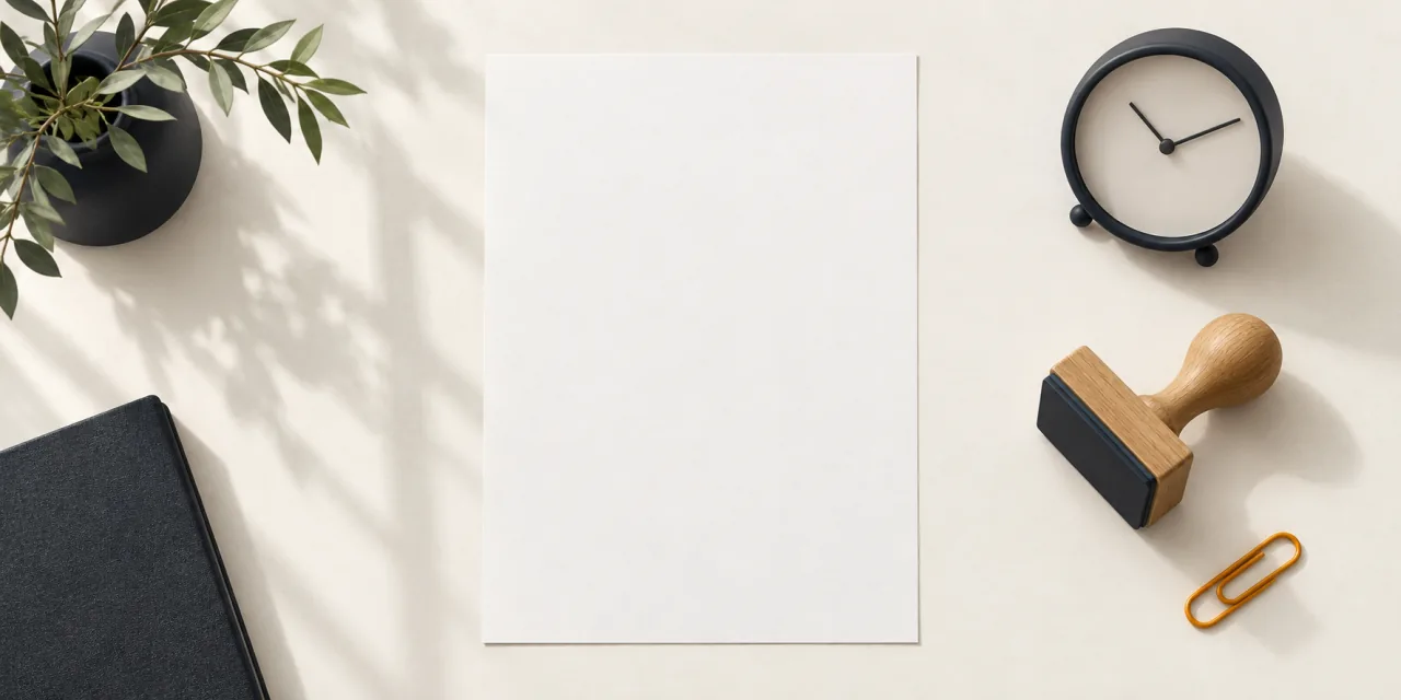 Hoja en blanco sobre una mesa clara, junto a un sello sin ninguna marca, un reloj de sobremesa y un clip ámbar