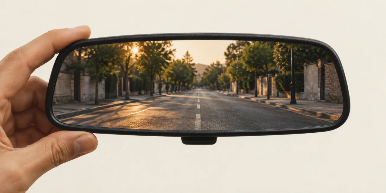 Espejo retrovisor sin marca sostenido con la mano, que refleja una calle arbolada vacía a contraluz