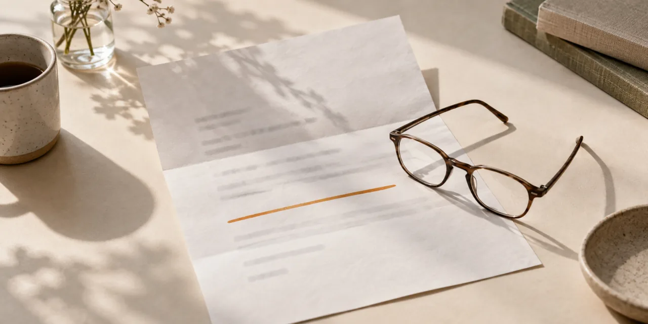 Carta sin membrete desplegada sobre una mesa, con una línea subrayada en ámbar y unas gafas de lectura encima