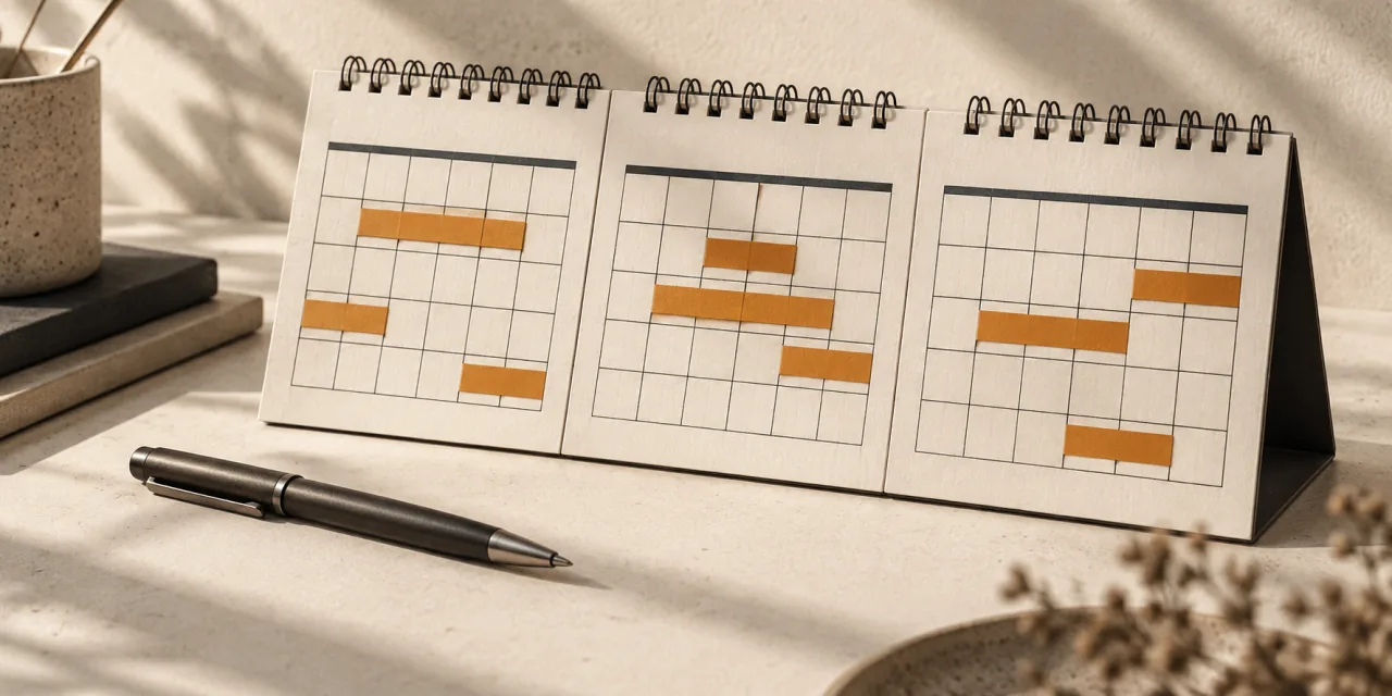 Calendario de mesa con tres meses a la vista y varios periodos marcados con bandas ámbar