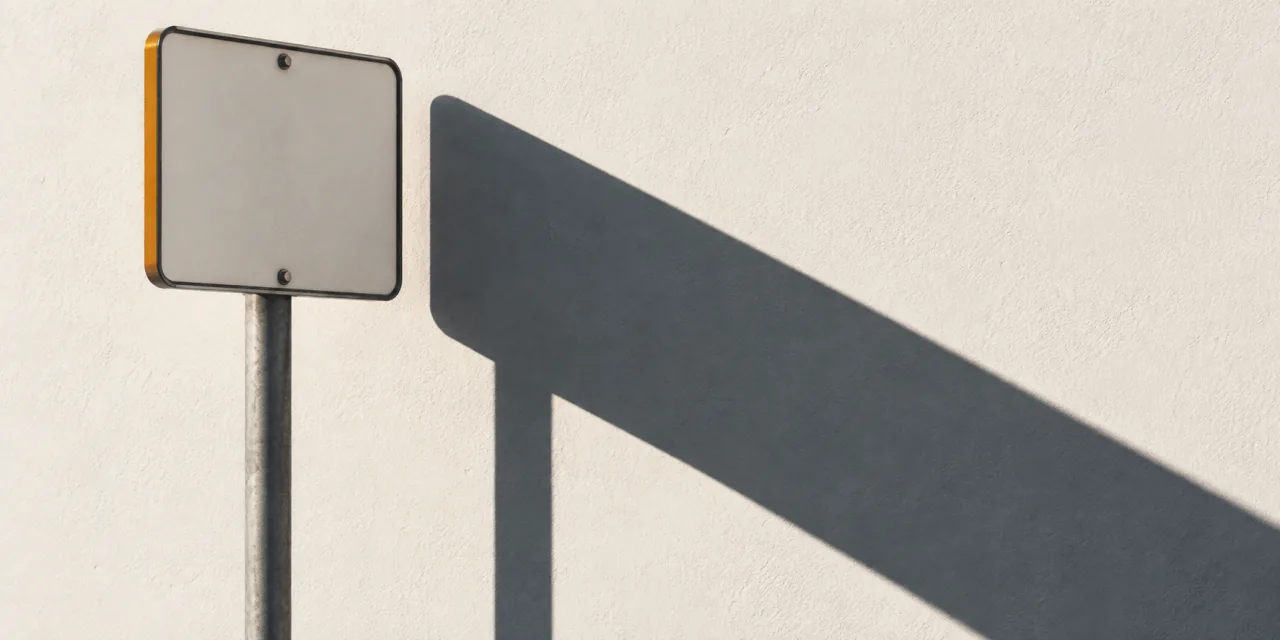 Panel de señalización sin ningún símbolo, montado en un poste y proyectando una sombra larga sobre una pared clara