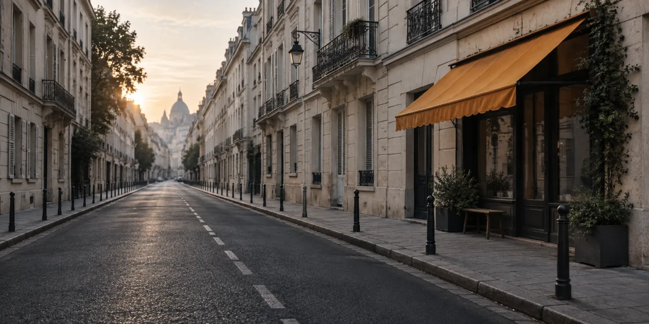 Calle urbana vacía al amanecer, con un toldo ámbar como único acento de color