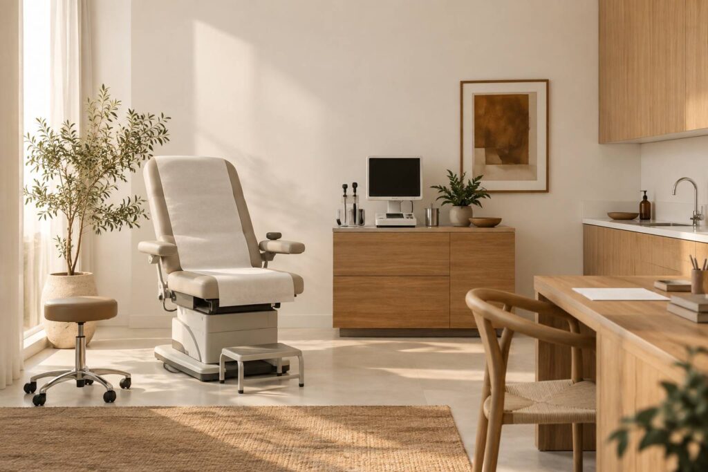 Cabinet medical sobre avec fauteuil vide et appareil de mesure