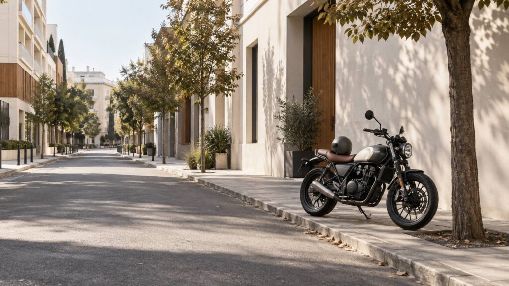 Moto legere stationnee dans une rue de ville calme