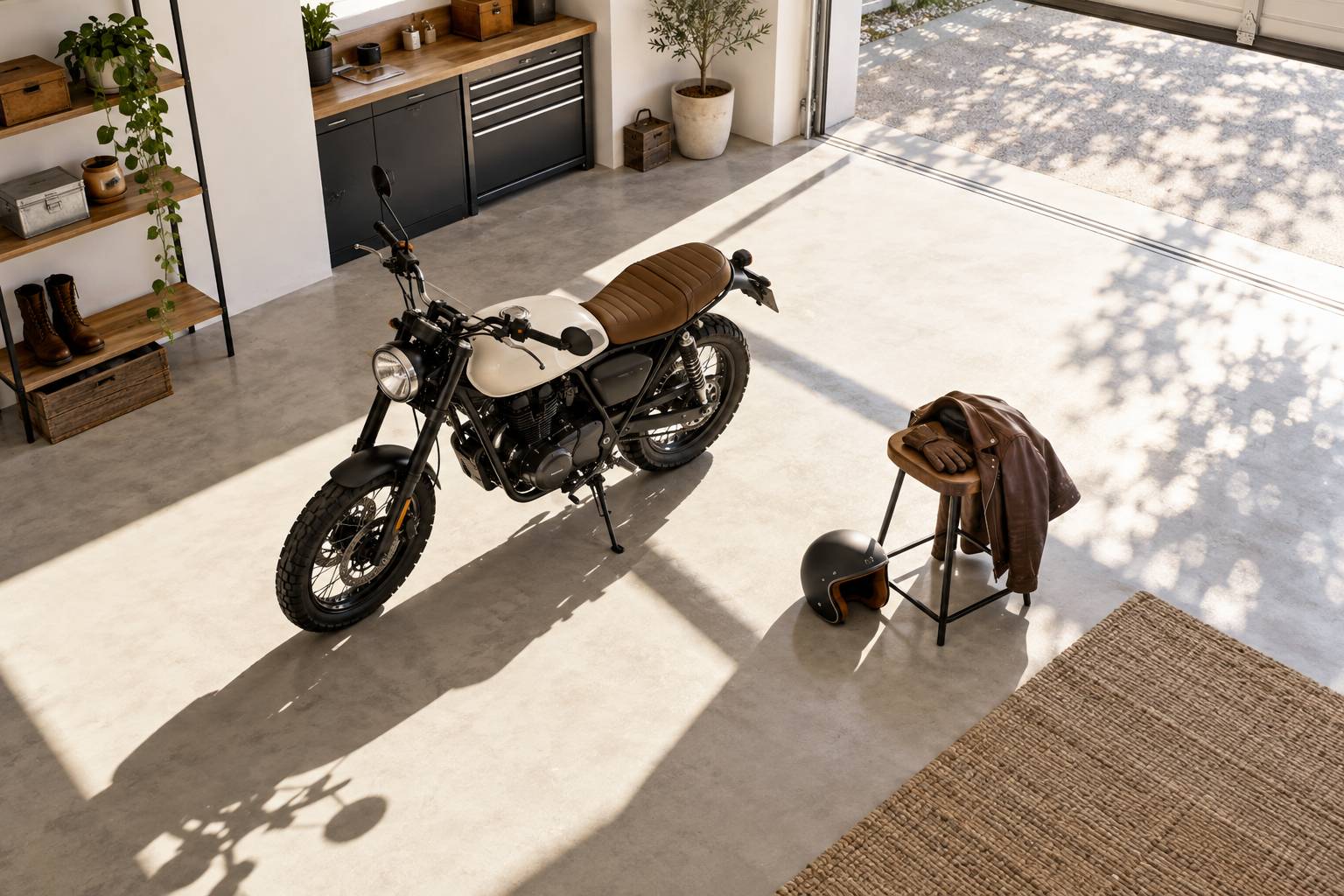 Petite moto sur bequille laterale et casque dans un garage clair