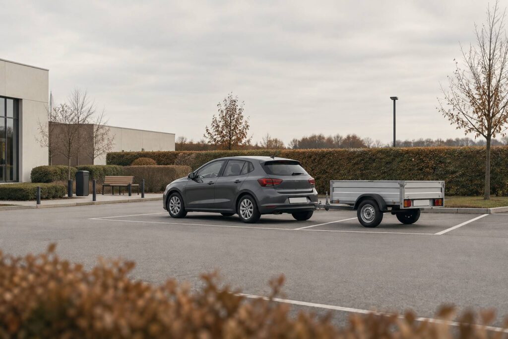 Voiture compacte neutre et remorque legere stationnees sur un parking