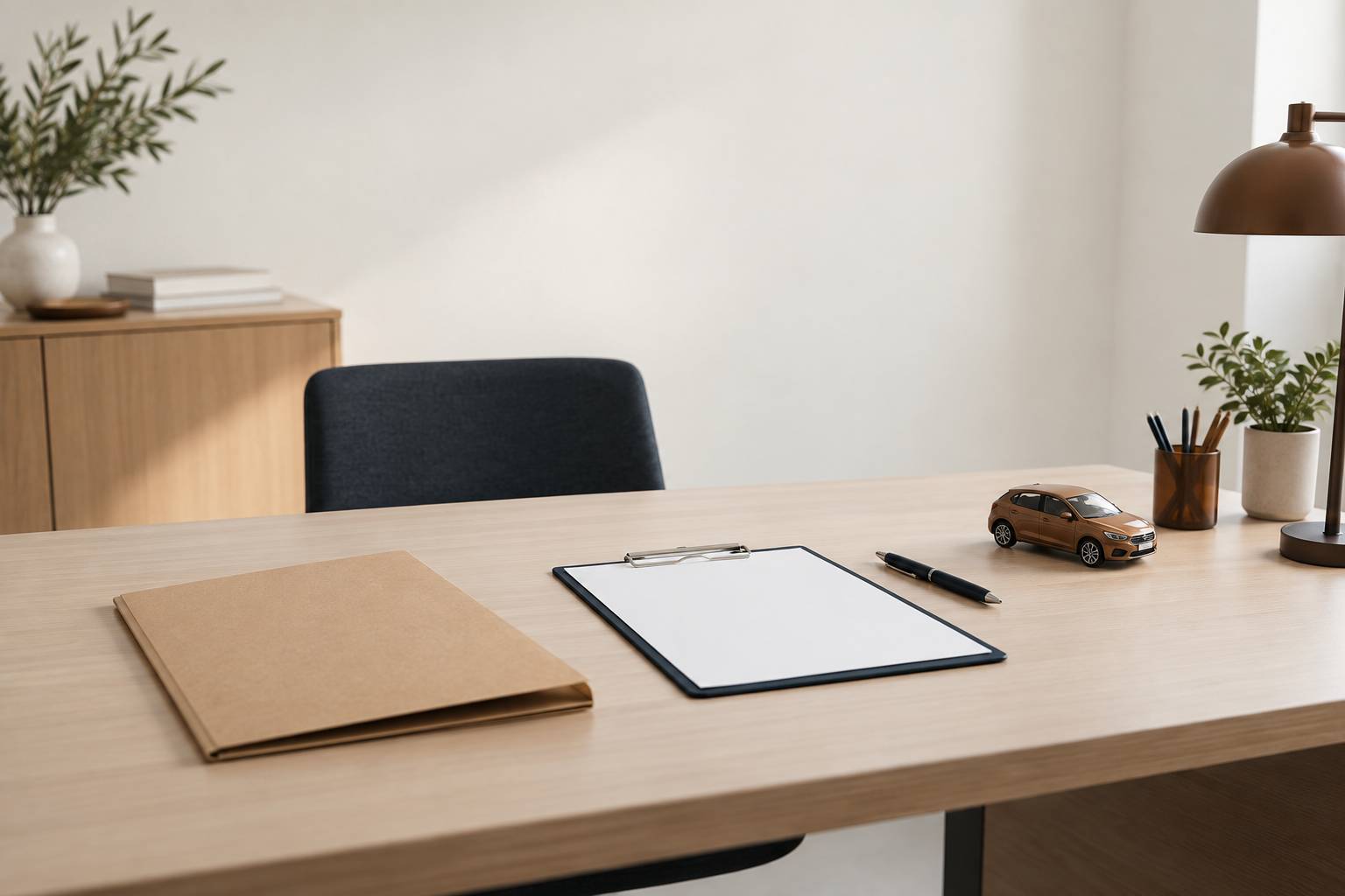 Bureau administratif sobre avec chemise fermee et petite voiture neutre
