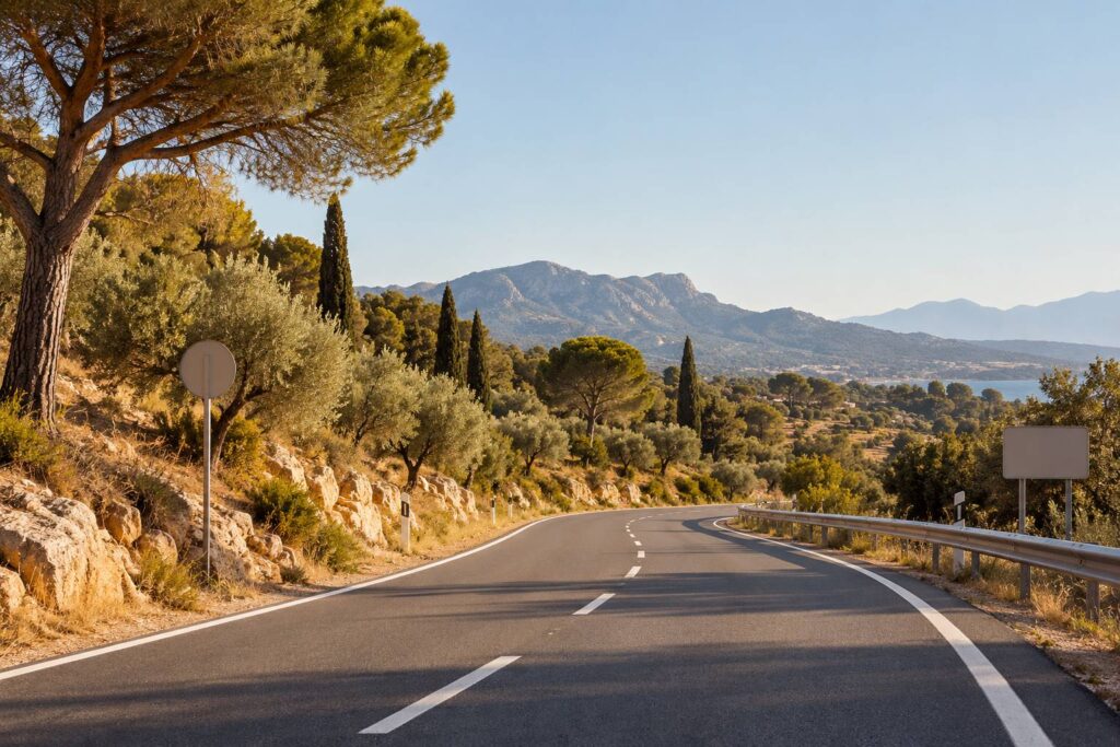 Route calme bordée d'arbres avec voie de circulation nette