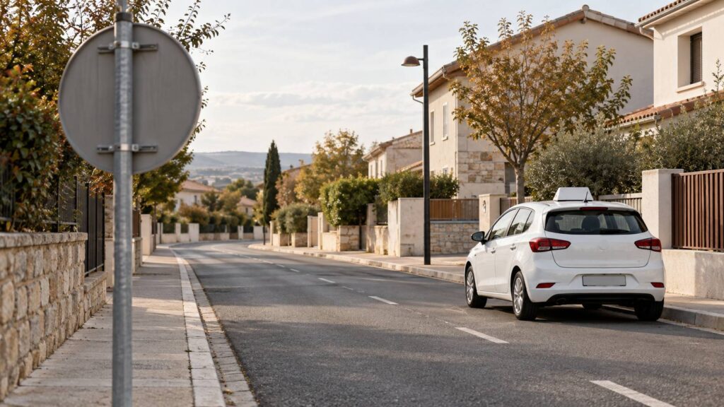 Voiture-ecole generique blanche stationnee dans une rue de quartier calme