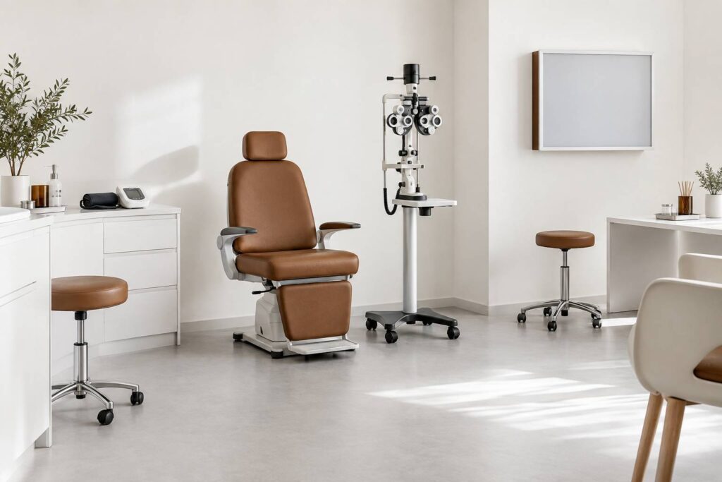 Salle d'examen medical sobre avec chaise vide et appareil de mesure de la vue