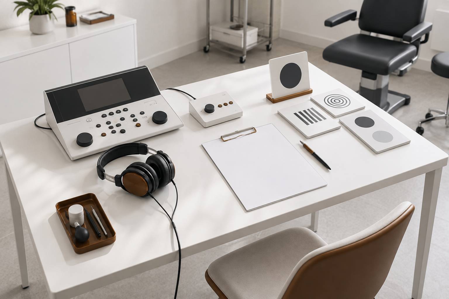 Audiometre et materiel de controle medical poses sur une table claire