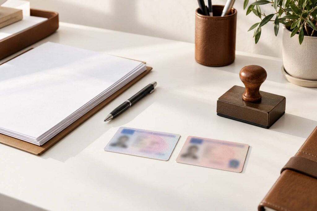 Permis de conduire et formulaires sur un bureau administratif