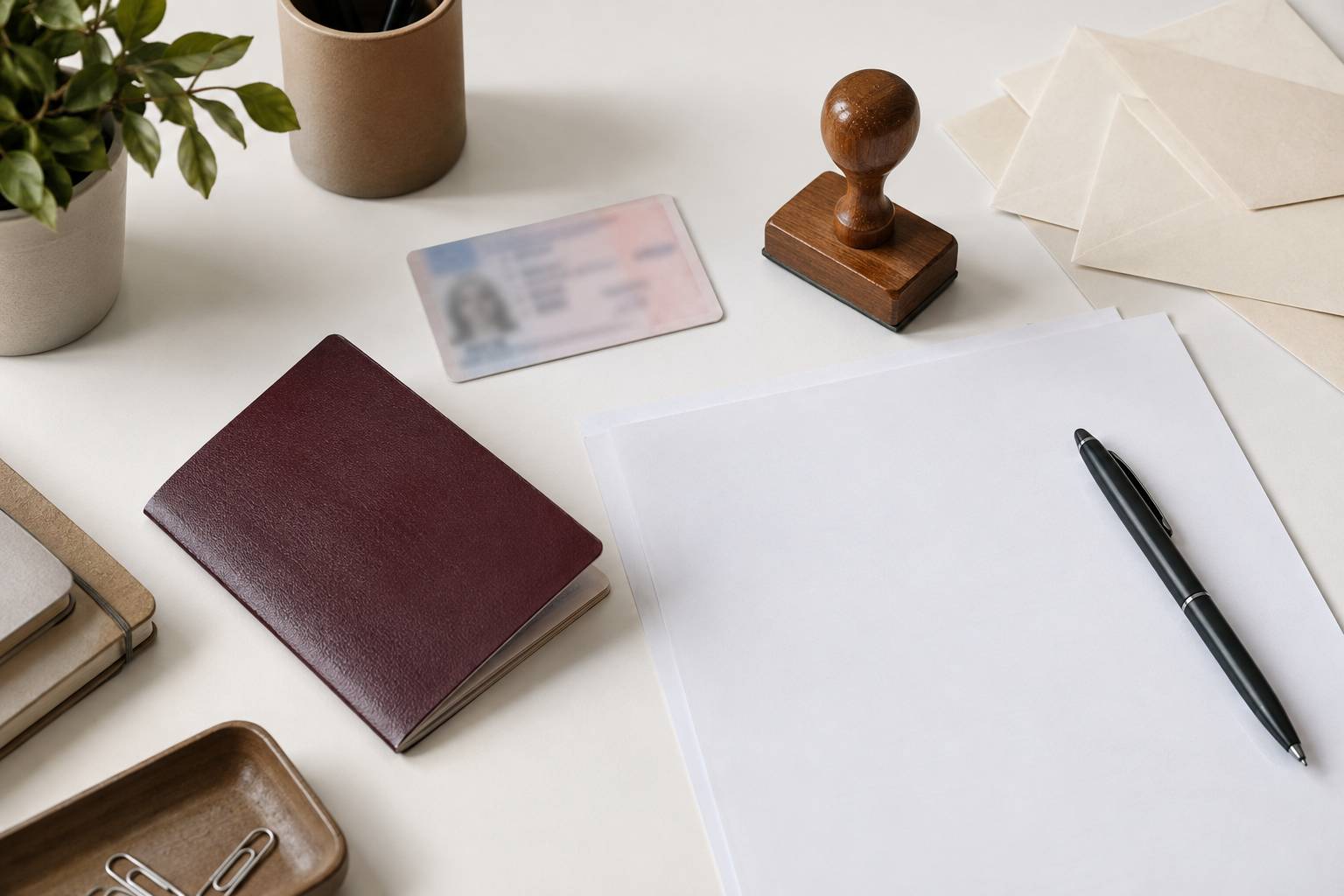 Passeport, permis et tampon sur un bureau de centre administratif