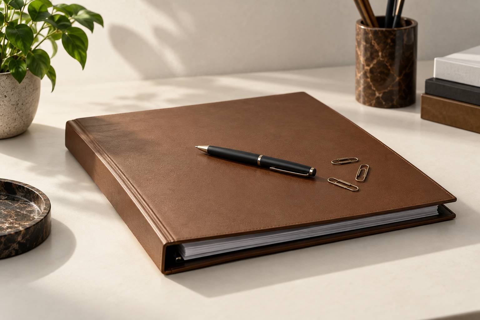Dossier neutre fermé et stylo posés sur un comptoir
